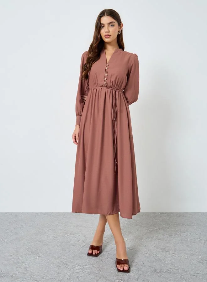 Maxim Creation Beige Long Sleeves Buttoned Maxi Dress