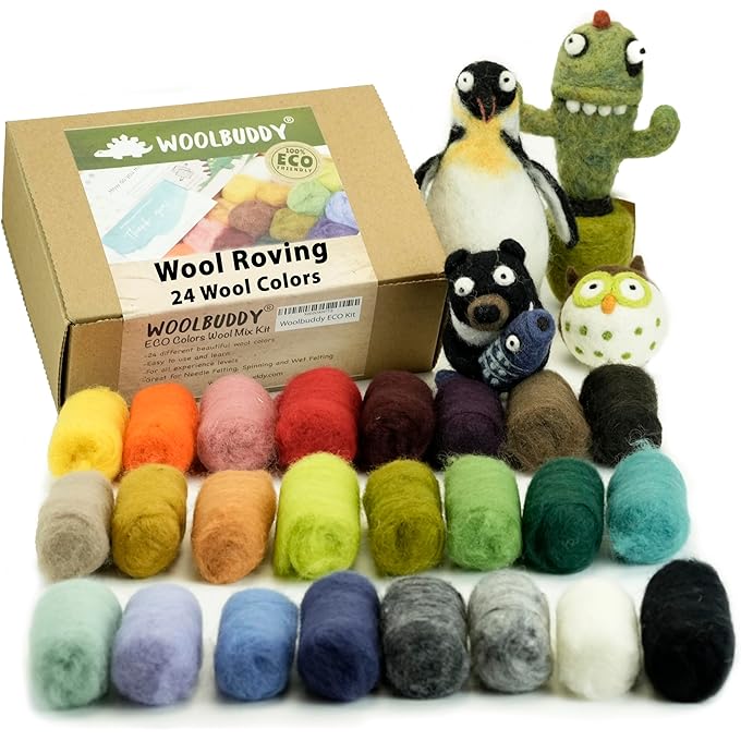 Woolbuddy Felting Wool, Needle Felting Wool, Eco Wool Kit, Felting Wool Pack, Clean, Carded Colored Roving Wool, for Needle Felting Kit Beginner, Wet Felting, Felting Supplies, with Guide Card