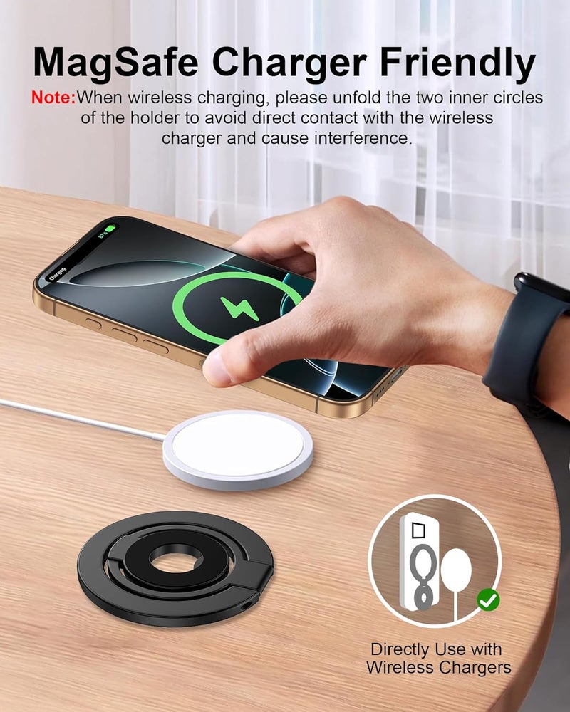 AILKIN Phone Ring Holder Grip with Dual-Side Magnets, Universal Magnetic Kickstand Stand, Wireless Charging Friendly, Foldable for iPhone 17 Pro Max, Samsung, Case, Desk, Car Mount, MagSafe Compatible-Black - Image 4