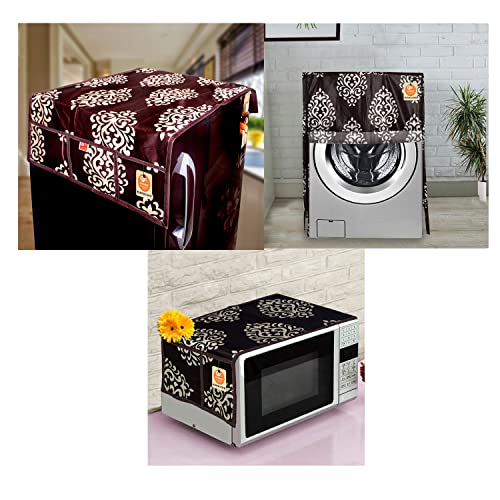 KANUSHI Industries® Front Load Automatic Washing Machine Cover + 1 Pc Fridge/Refrigerator Cover + 1 Pc Microwave/Oven Top Cover(Copy-FRI+Micro+W.M-Front-Brown-Floral) - Image 1
