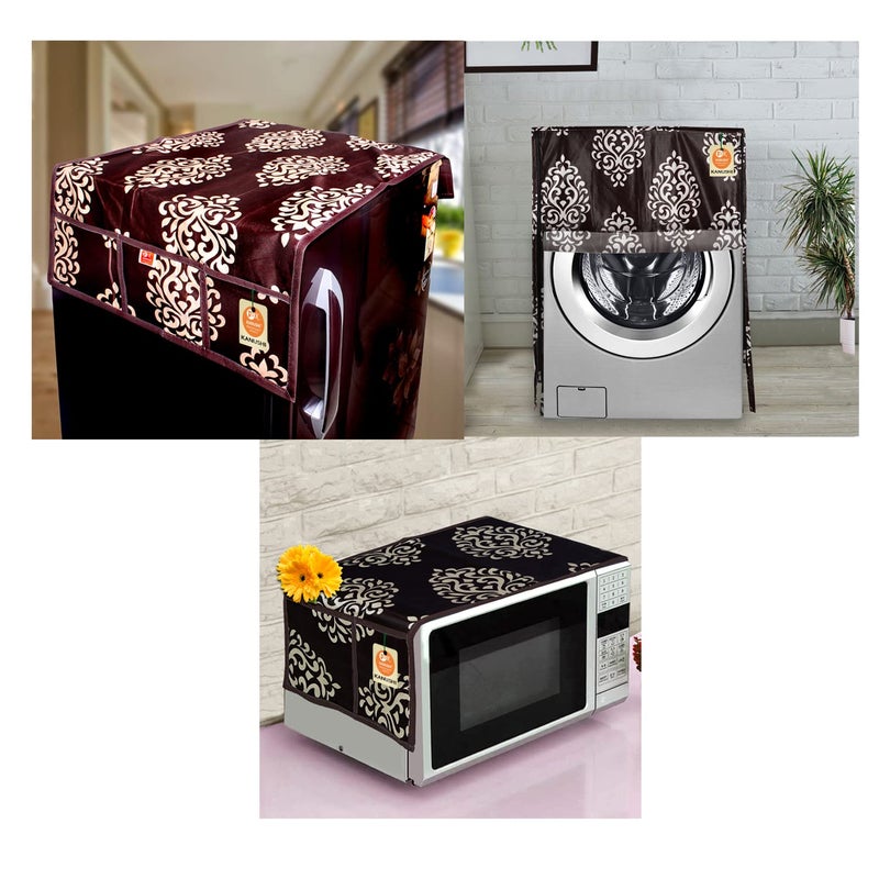 KANUSHI Industries® Front Load Automatic Washing Machine Cover + 1 Pc Fridge/Refrigerator Cover + 1 Pc Microwave/Oven Top Cover(Copy-FRI+Micro+W.M-Front-Brown-Floral) - Image 5