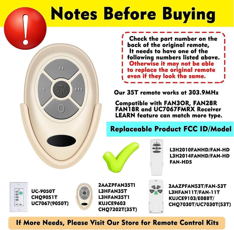 جهاز تحكم عن بعد بديل لمروحة السقف 35T موديلات Harbor Breeze KUJCE9603 CHQ7202T CHQ7202T1 L3HFAN35T1 FAN-35T1 L3HFAN35T FAN-35T، مع زر التعلم - Image 2
