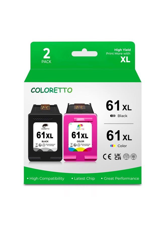 COLORETTO Remanufactured Printer Ink Cartridge Replacement for HP 61XL to use with Envy 4500 5530 5535 Deskjet 1510 1512 3050 3050A Officejet 2620 4630 (1 Black+1 Color) Combo Pack - Image 1