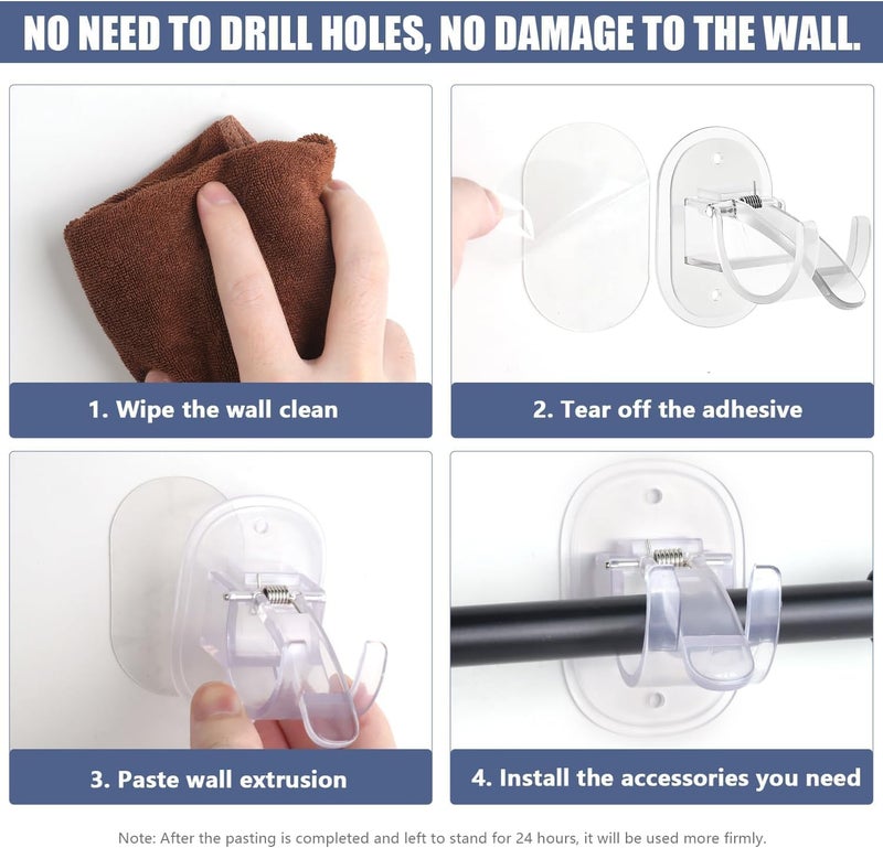 Lonimia 4PCS Self Adhesive Curtain Rod Brackets No Drilling Self Adhesive Curtain Rod Holder Hooks Nail Free Adjustable Curtain Rod Hooks Curtain Hangers (Transparent) - Image 4