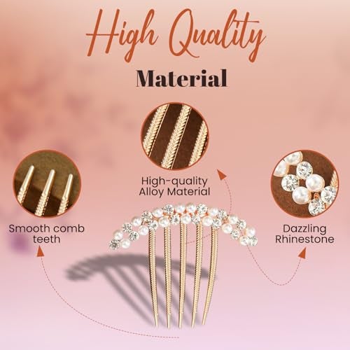 Homeaura® 3 Pcs French Comb Hair Clip Set | Pearl Claw Hair Clip Decorative Side Clips for Women Girls | Elegant Bun Holder French Hairpins for Wedding Party Daily Use | Rose Gold with Pearls - Image 4