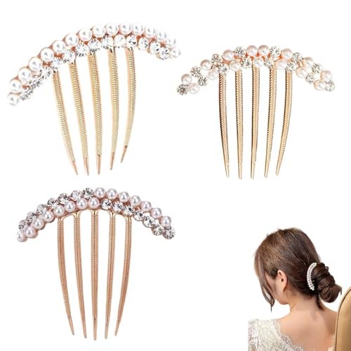 Homeaura® 3 Pcs French Comb Hair Clip Set | Pearl Claw Hair Clip Decorative Side Clips for Women Girls | Elegant Bun Holder French Hairpins for Wedding Party Daily Use | Rose Gold with Pearls - Image 1