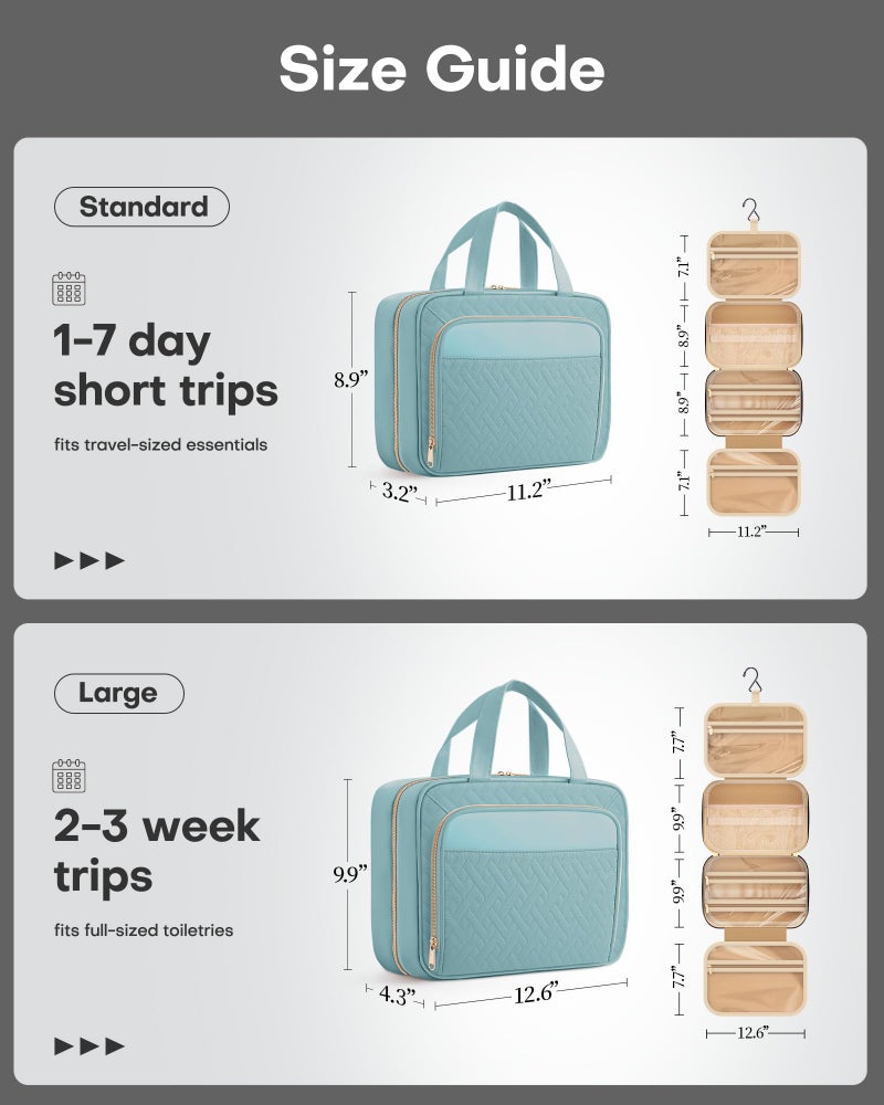 Hotor Travel Toiletry Bag For Women & Men, Waterproof Makeup Bag With Hanging Hook And Multiple Pockets, Cosmetic Bags For Women, Travel Essentials, 11.2'' X 3.2'' X 8.9'', Light Blue - Image 2