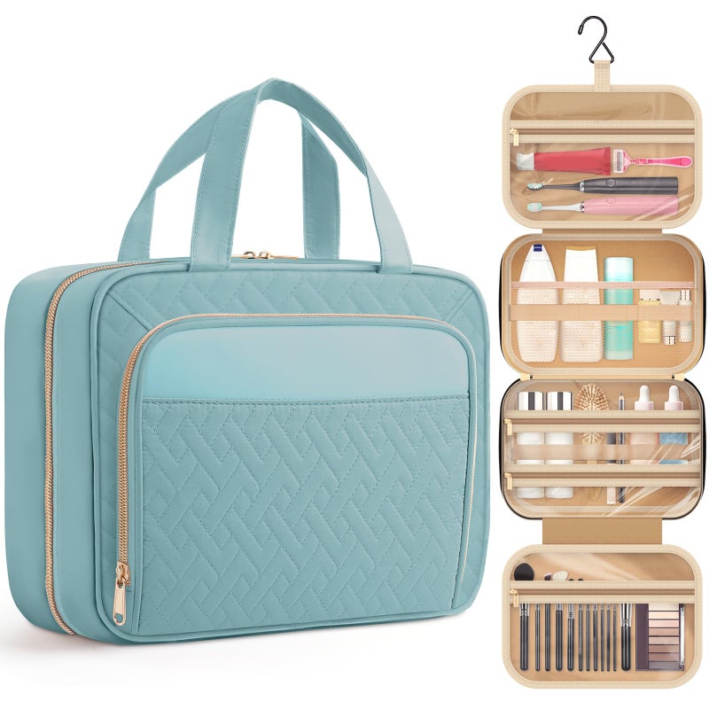Hotor Travel Toiletry Bag For Women & Men, Waterproof Makeup Bag With Hanging Hook And Multiple Pockets, Cosmetic Bags For Women, Travel Essentials, 11.2'' X 3.2'' X 8.9'', Light Blue - Image 1
