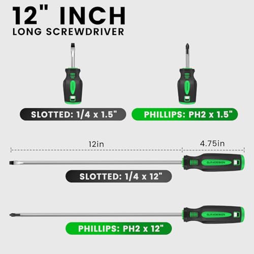 GURADESIGN 4Piece 12 Long Screwdriver Set Slotted and Phillips Long Short Magnetic Screwdriver Set - Image 3