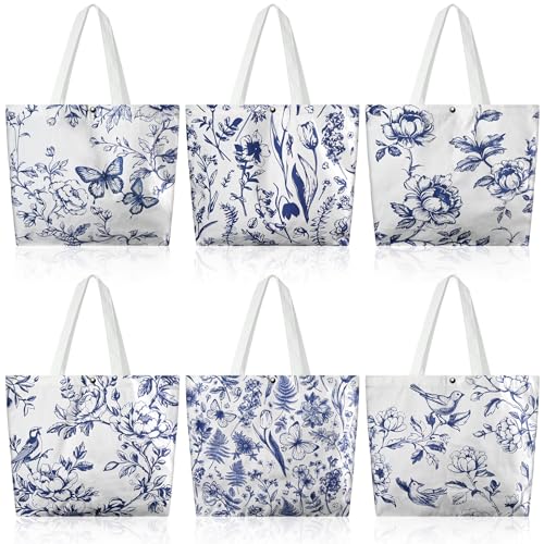 Kuabiz 6 Pcs Floral Canvas Tote Bags Bulk for Women Chinoiserie Tote Bag Aesthetic Reusable Grocery Bags for Travel Shopping (Chinoiserie) - Image 1