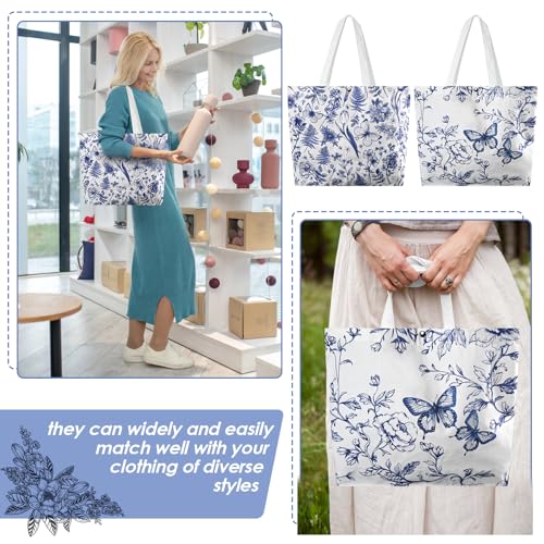 Kuabiz 6 Pcs Floral Canvas Tote Bags Bulk for Women Chinoiserie Tote Bag Aesthetic Reusable Grocery Bags for Travel Shopping (Chinoiserie) - Image 2