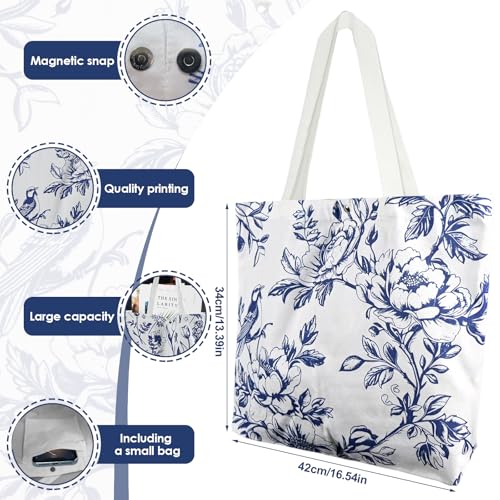 Kuabiz 6 Pcs Floral Canvas Tote Bags Bulk for Women Chinoiserie Tote Bag Aesthetic Reusable Grocery Bags for Travel Shopping (Chinoiserie) - Image 4
