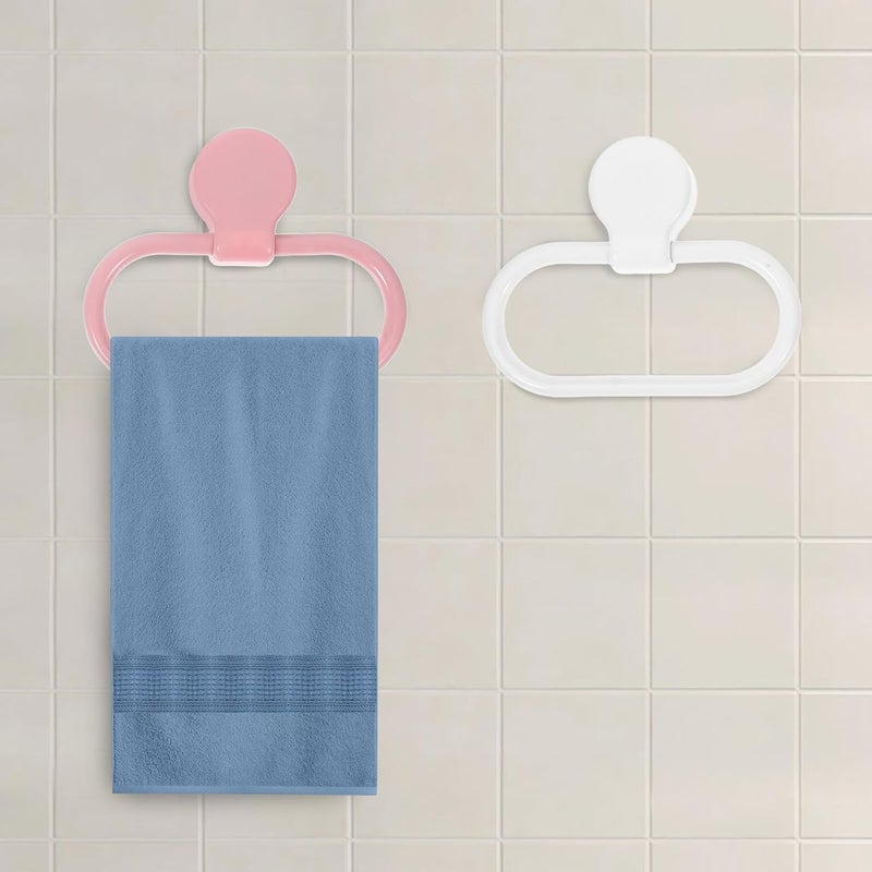 2pcs Self-Adhesive Plastic Towel Ring Set Wall-Mount Hand Towel Holder for Bathroom and Kitchen in White and Pink - Image 5