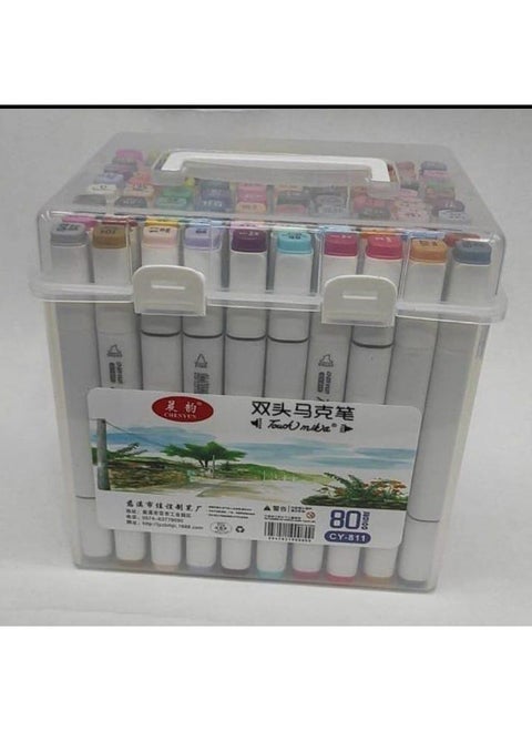 A set of colored marker pens with 2 nibs of 80 colors for the office, multi-colored, fine