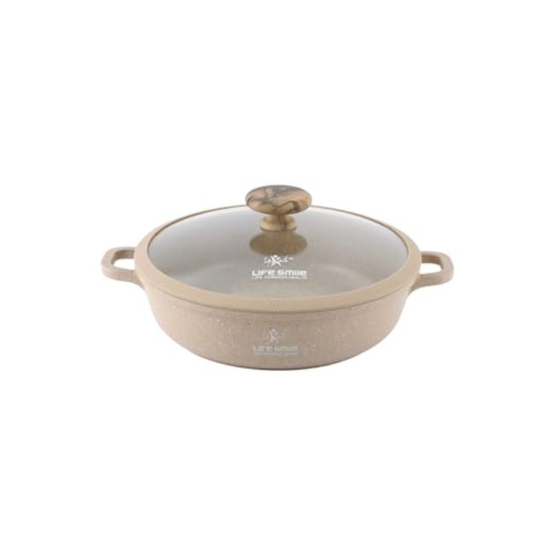 LIFE SMILE 28cm Granite Nonstick Shallow Pot with Glass Lid Induction Compatible Cooking Pot Beige - Image 1