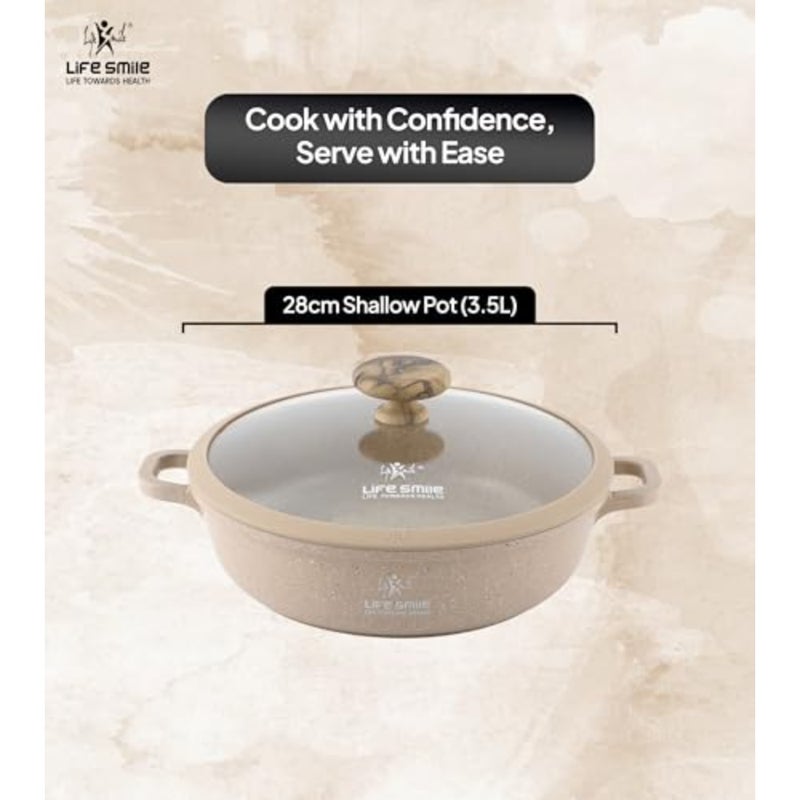 LIFE SMILE 28cm Granite Nonstick Shallow Pot with Glass Lid Induction Compatible Cooking Pot Beige - Image 3