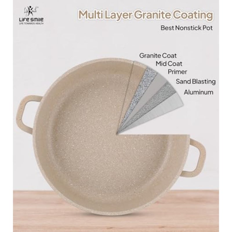 LIFE SMILE 28cm Granite Nonstick Shallow Pot with Glass Lid Induction Compatible Cooking Pot Beige - Image 4