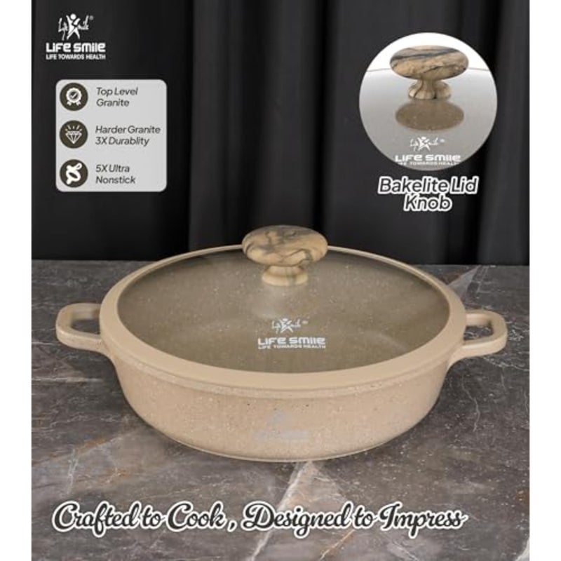 LIFE SMILE 28cm Granite Nonstick Shallow Pot with Glass Lid Induction Compatible Cooking Pot Beige - Image 5