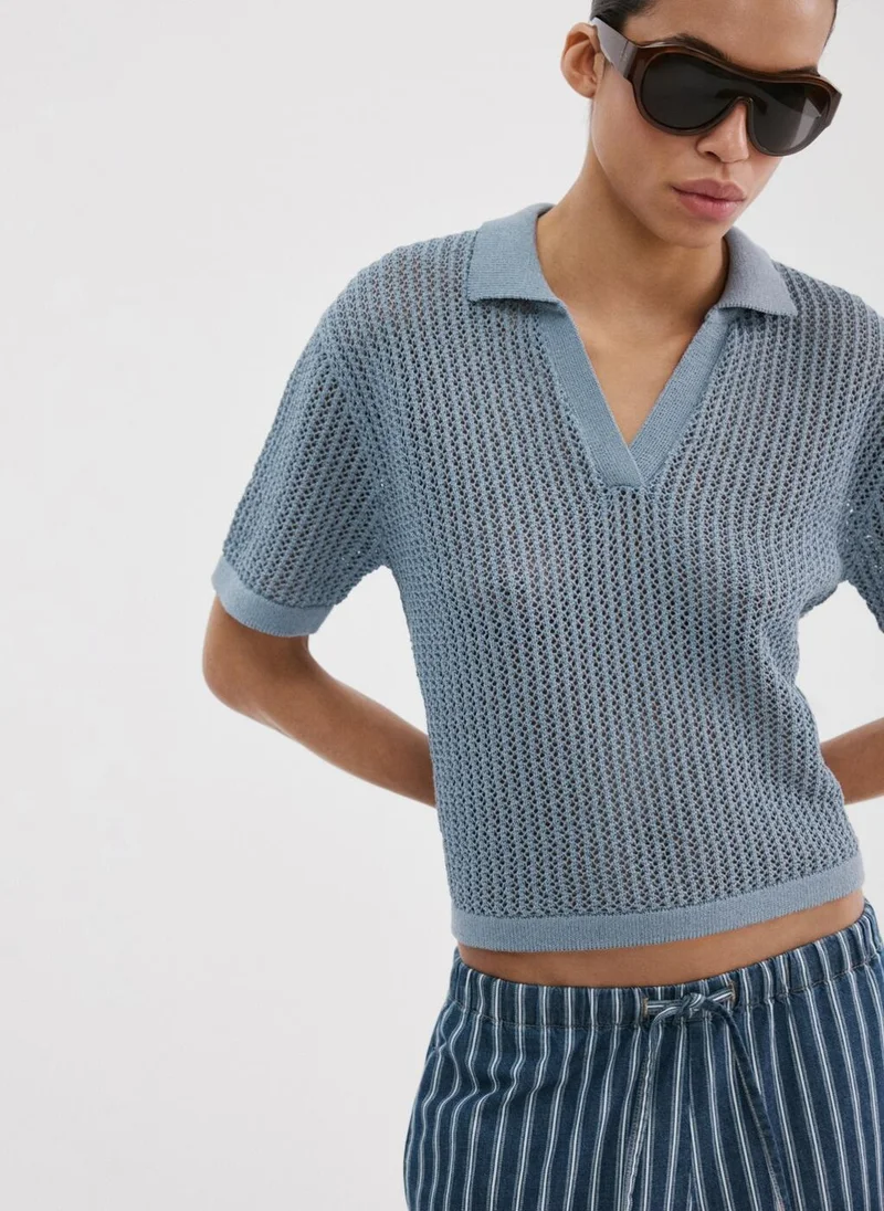 مانجو Openwork knitted polo-neck sweater