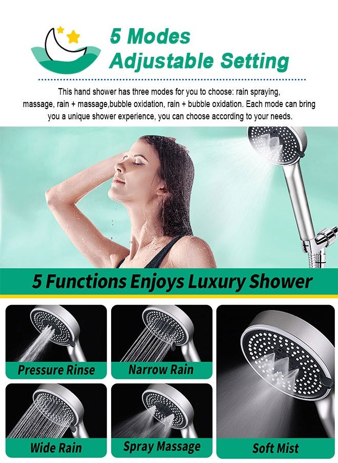 HomarKet Filtered Shower Head, High Pressure 5 Spray Mode Handheld Showerhead with Extra 59" Long Hose and Adjustable Bracket Holderfor Hard Water - Remove Chlorine - Reduces Dry Itchy Skin, Silver  - Image 2