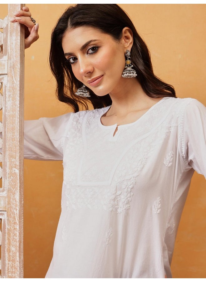 ADA - Ada Women's Cotton Straight Top Tunic Lucknowi Hand Embroidered Chikankari Short Kurti A911364 White (S) - Image 1