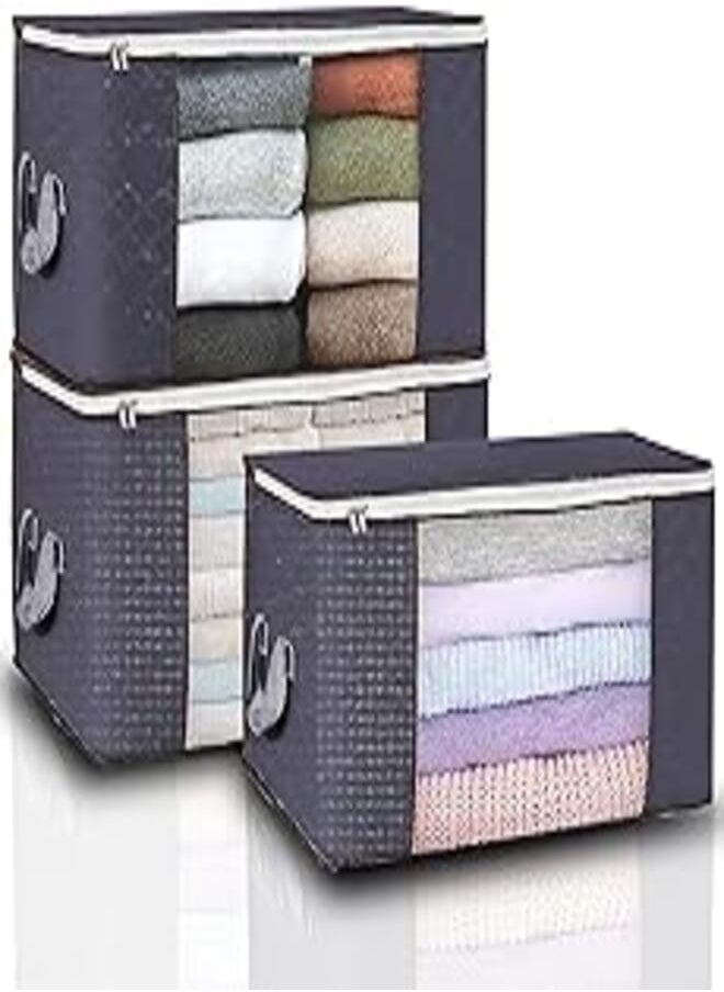 GVTECH - GVTECH Clothes Storage Bag Organizer, [3 Pack] Large Capacity Reinforced Handle Thick Fabric for Comforters, Blankets, Bedding, Duvet, Foldable & Sturdy Zipper, Clear Window, Under Bed Storage (Grey) - Image 1