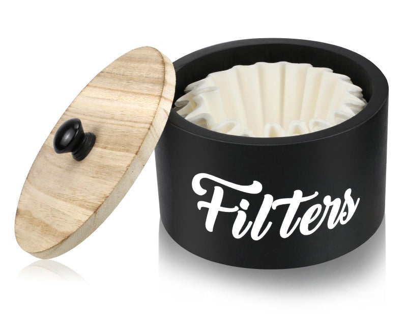Essovee Wooden Coffee Filter Holder with Lid Basket Coffee Filter Storage Container for Counter Rustic Farmhouse Caf Bar Decor 50 Count Capacity Black - Image 2