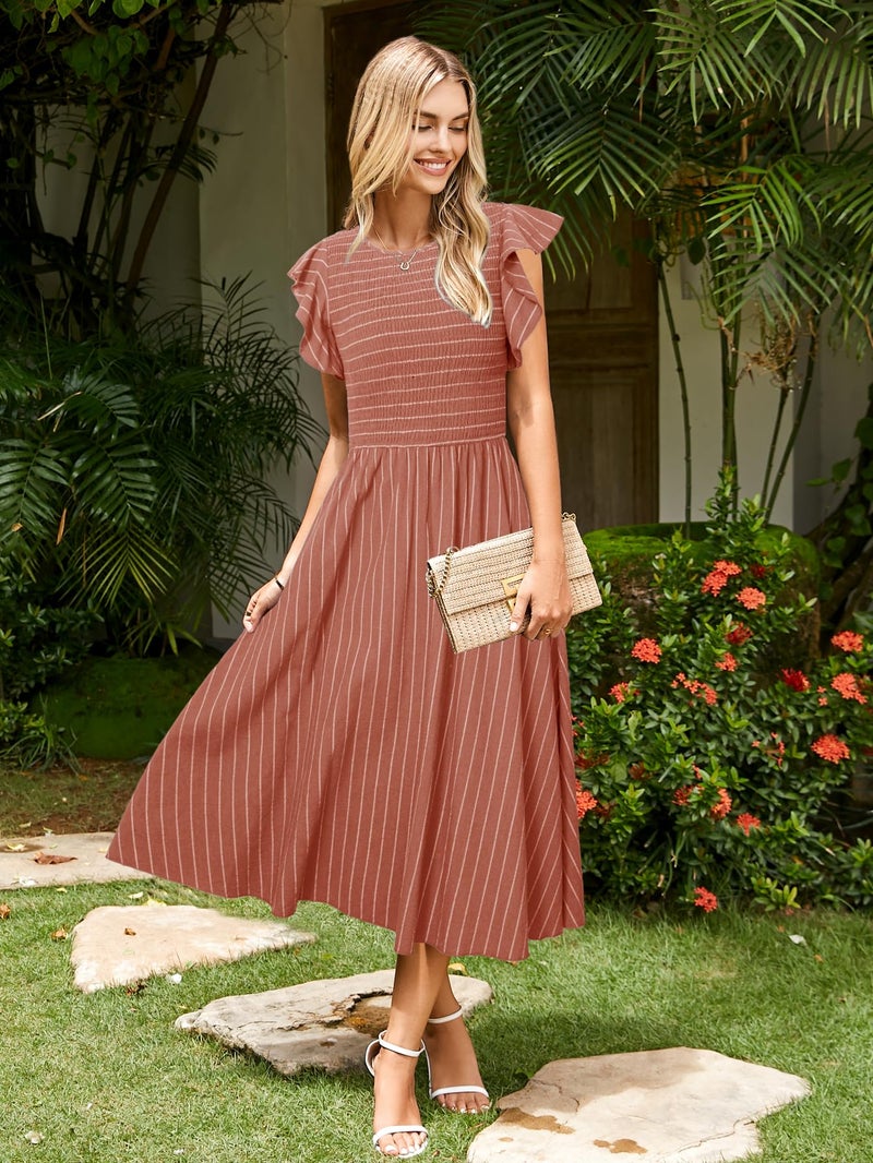 Simplee Apparel Simplee Womens Striped Midi Summer Dress Linen Ruffle Cap Sleeves Beach Dress Smocked Flowy Maternity Dress with Pockets(Brick Red L) - Image 2