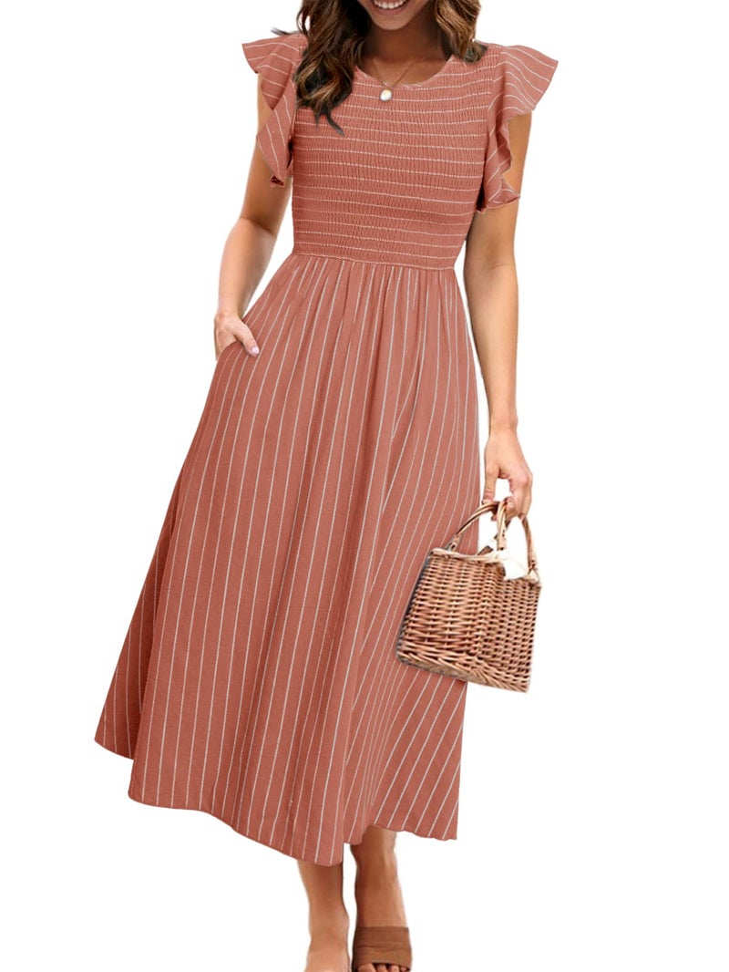 Simplee Apparel Simplee Womens Striped Midi Summer Dress Linen Ruffle Cap Sleeves Beach Dress Smocked Flowy Maternity Dress with Pockets(Brick Red L) - Image 1