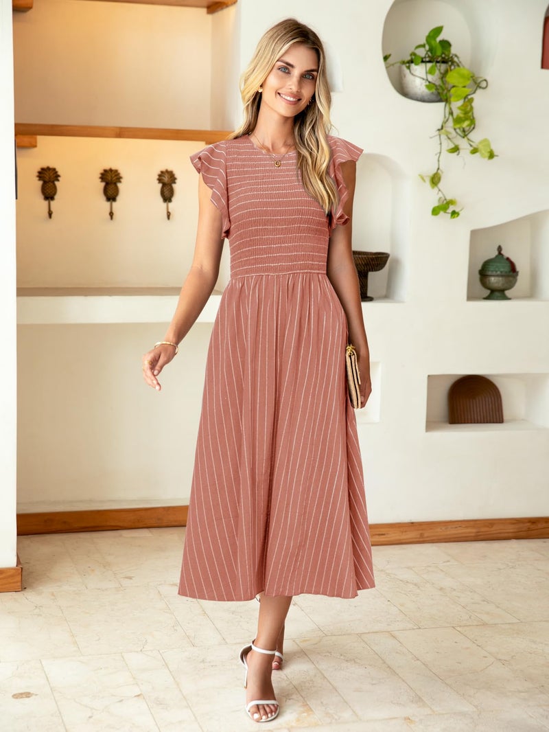 Simplee Apparel Simplee Womens Striped Midi Summer Dress Linen Ruffle Cap Sleeves Beach Dress Smocked Flowy Maternity Dress with Pockets(Brick Red L) - Image 4