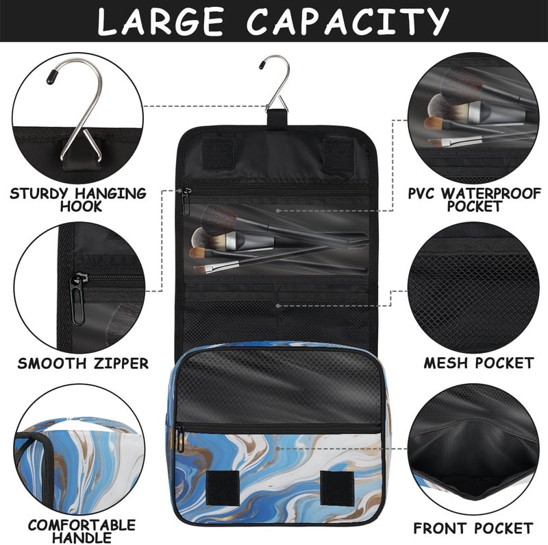 Blue White Gold Hanging Travel Toiletry Bag for Women, Foldable Makeup Cosmetic Organizer for Bathroom & Traveling - Image 4