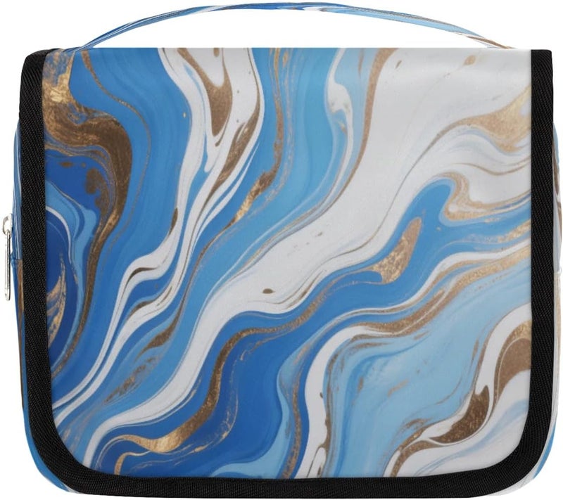 Blue White Gold Hanging Travel Toiletry Bag for Women, Foldable Makeup Cosmetic Organizer for Bathroom & Traveling - Image 1