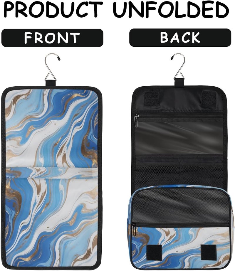 Blue White Gold Hanging Travel Toiletry Bag for Women, Foldable Makeup Cosmetic Organizer for Bathroom & Traveling - Image 3