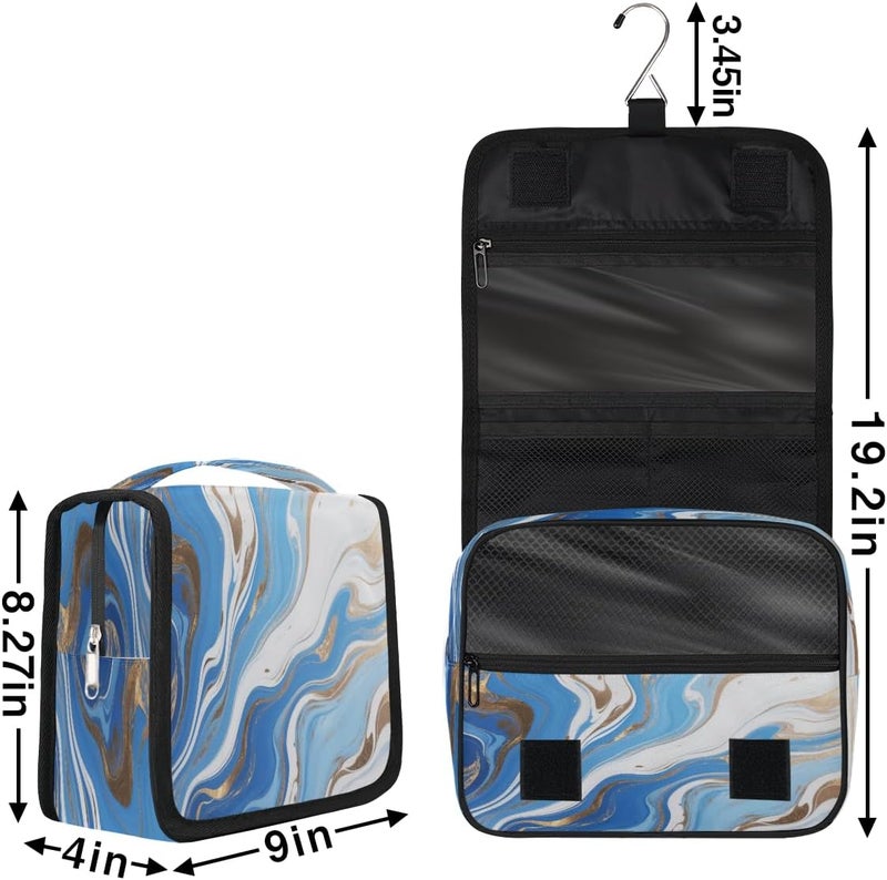 Blue White Gold Hanging Travel Toiletry Bag for Women, Foldable Makeup Cosmetic Organizer for Bathroom & Traveling - Image 2