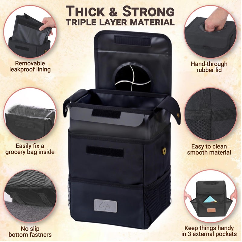 Creathing Car Trash Can [Touring Edition] - Removable Liner - 100% Leakproof, Odor Control Lid, Hanging Garbage Bin for SUV, Truck, Car (2 Gal, Black) - Image 3