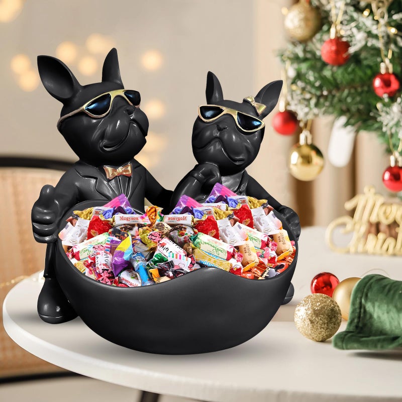 Huhote Bulldog Candy Bowl Decor,Heart-shaped Key Holder Bowl Candy Dish, Bulldog Lovers Accessories, Resin Bulldog Statue for Office Desk Home Decor Figurines Entryway Table Decorï¼ˆBlackï¼‰ - Image 1
