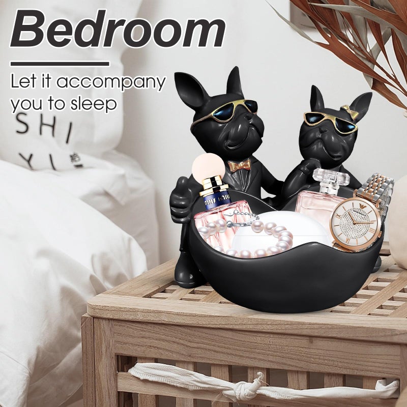 Huhote Bulldog Candy Bowl Decor,Heart-shaped Key Holder Bowl Candy Dish, Bulldog Lovers Accessories, Resin Bulldog Statue for Office Desk Home Decor Figurines Entryway Table Decorï¼ˆBlackï¼‰ - Image 3