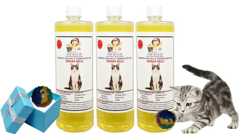 swacch Indian Billi Shampoo + Rubber Musical Ball I Chew Playing Rubber Ball I Interactive Cat Toy Balls I Training & Play I Combo Pack I 1 Litre Pack of 3 Lemon - Image 1