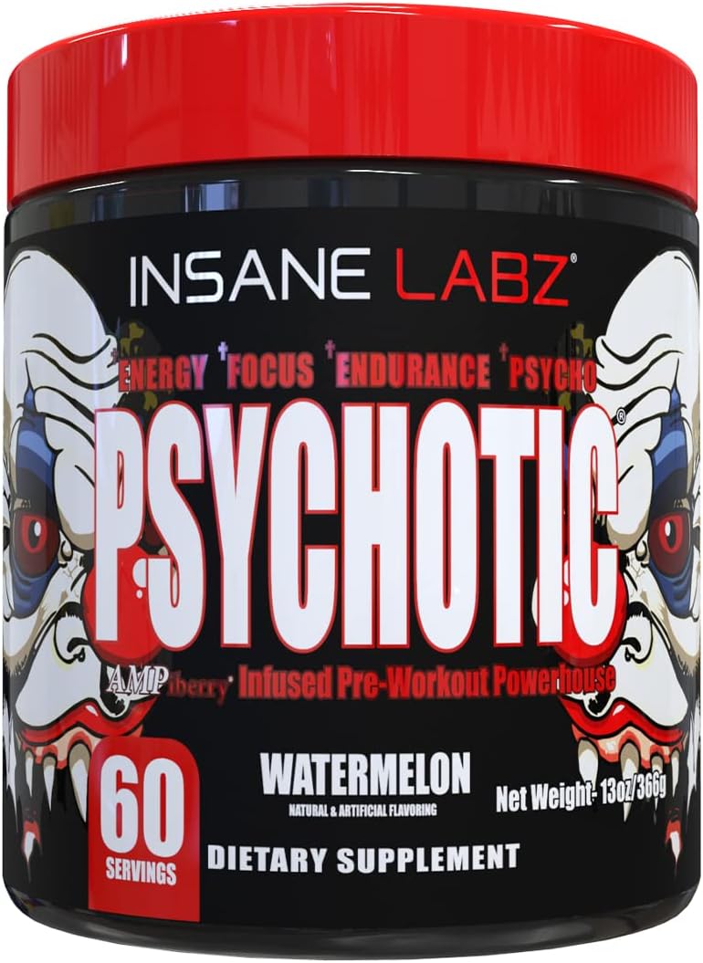 Insane Labz Psychotic High Stimulant Pre Workout Powder Extreme Lasting Energy Focus and Endurance with Beta Alanine Creatine Monohydrate DMAE 60 Srvgs Watermelon - Image 1