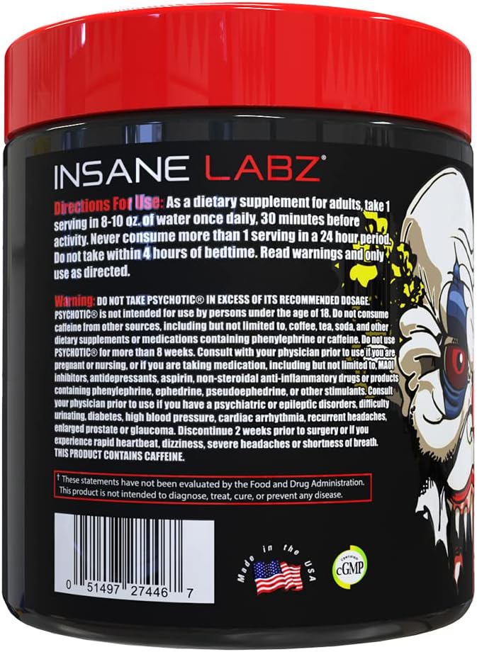 Insane Labz Psychotic High Stimulant Pre Workout Powder Extreme Lasting Energy Focus and Endurance with Beta Alanine Creatine Monohydrate DMAE 60 Srvgs Watermelon - Image 3