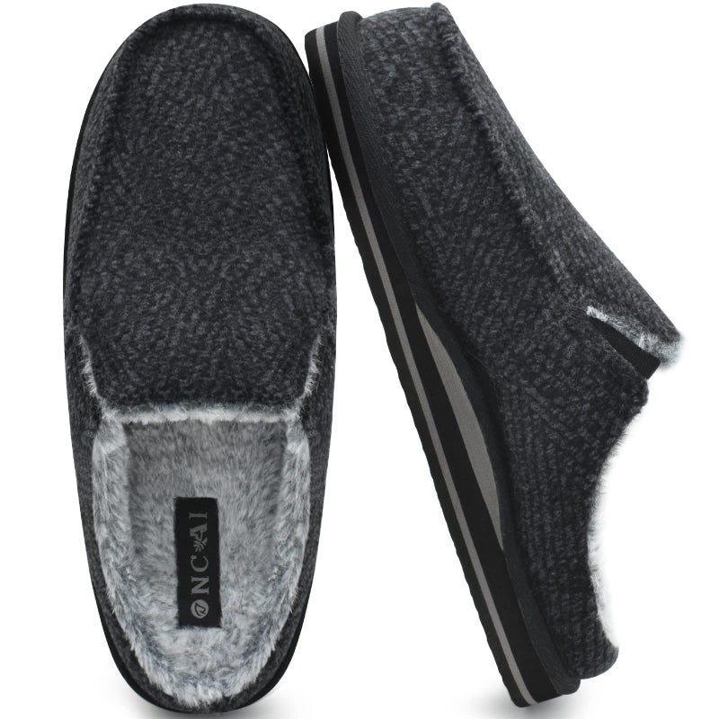 ONCAI Mens Slippers with Orthotic Arch Support,Cotton-Blend High-Density Memory Foam Plantar Fasciitis House Slippers Warm Stripe Faux Fur Clogs Slip-on Indoor Outdoor Rubber Sole BlackSize 12 - Image 1