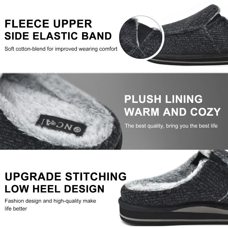 ONCAI Mens Slippers with Orthotic Arch Support,Cotton-Blend High-Density Memory Foam Plantar Fasciitis House Slippers Warm Stripe Faux Fur Clogs Slip-on Indoor Outdoor Rubber Sole BlackSize 12 - Image 3