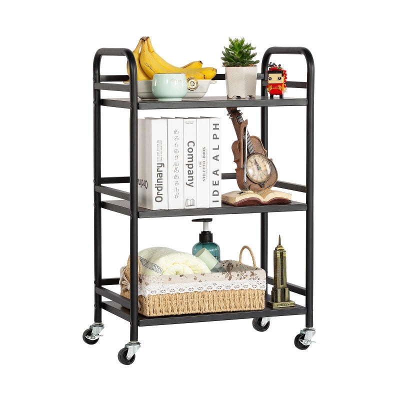 HDANI 3 Tier Rolling Cart ShelvesHeavy Duty Multifunctional Metal FrameSupports 22 Lbs Per TierRolling Cart with 2 Lockable Wheels for HomeOfficeKitchenBathroomBedroom Black