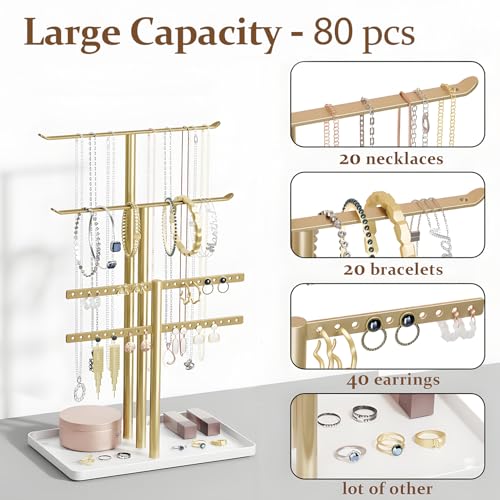 pickpiff Jewelry Holder Organizer, 12.5'' Tall Sturdy Metal Stand, 3-Tier Jewelry Hanger for Necklace, Earring, Bracelet, Ring, for Display and Storage, Aesthetic Room Decor, Gold Jewlery Tree with White Tray - Image 2
