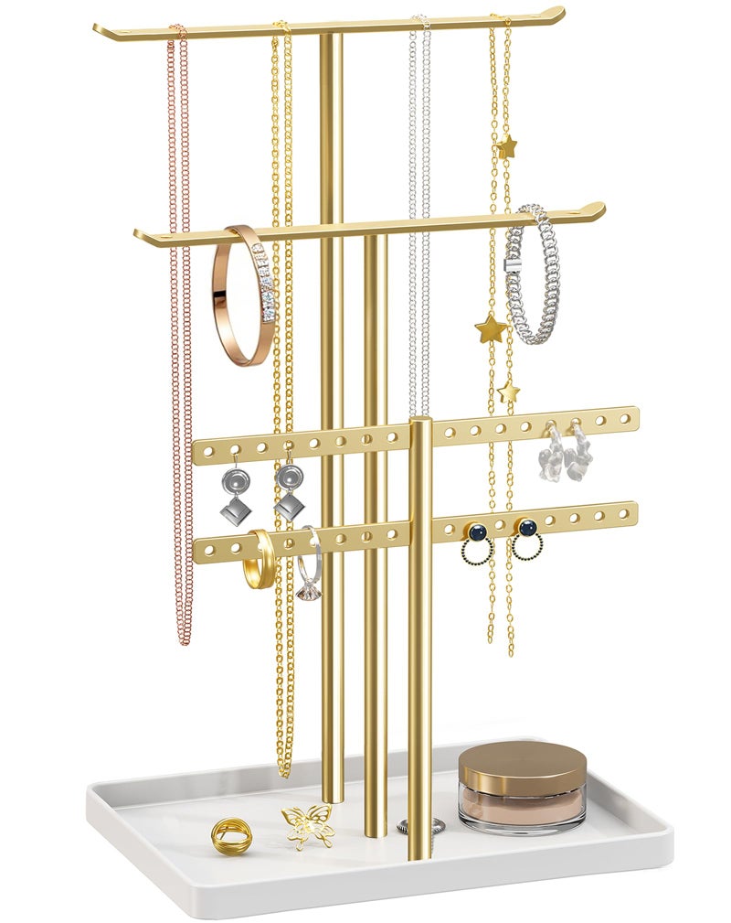 pickpiff Jewelry Holder Organizer, 12.5'' Tall Sturdy Metal Stand, 3-Tier Jewelry Hanger for Necklace, Earring, Bracelet, Ring, for Display and Storage, Aesthetic Room Decor, Gold Jewlery Tree with White Tray - Image 1