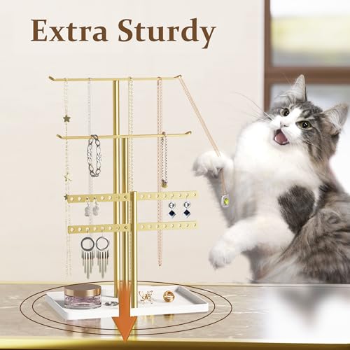 pickpiff Jewelry Holder Organizer, 12.5'' Tall Sturdy Metal Stand, 3-Tier Jewelry Hanger for Necklace, Earring, Bracelet, Ring, for Display and Storage, Aesthetic Room Decor, Gold Jewlery Tree with White Tray - Image 4