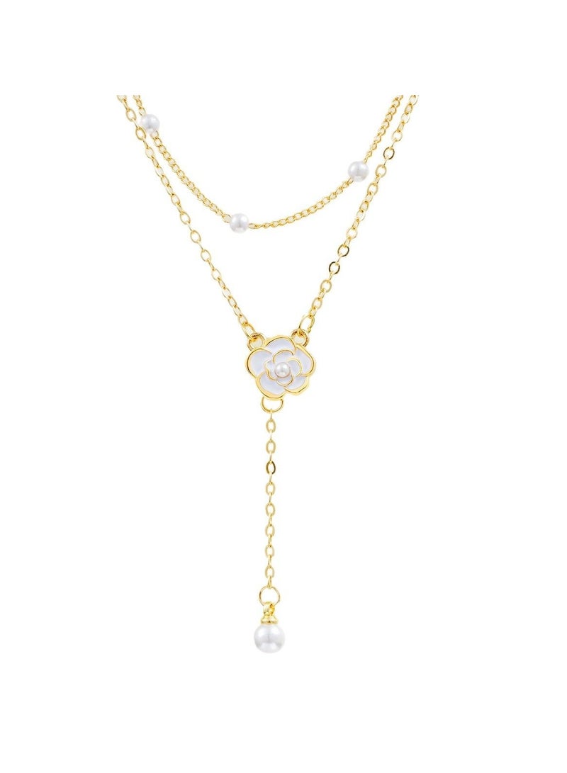 Huitich Elegant Y-Shaped Layered Necklace with Crystal Accents Gold Color Tone  - Image 1