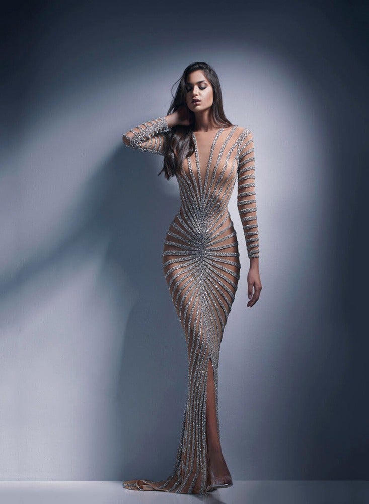 NIBEMINENT Women Sequins Dress Fashion Mesh Split Fishtail Dresses Elegant Party Outfits Female Evening Long Dress  - Image 1