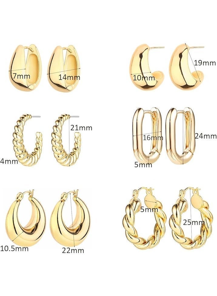 FIRST PRO 6 Pairs 14K Gold Hoop Earrings for Women Lightweight Chunky Hoop Earrings Multipack Hypoallergenic, Thick Open Twisted Huggie Hoops Earring Set Jewelry for Gifts. - Image 5