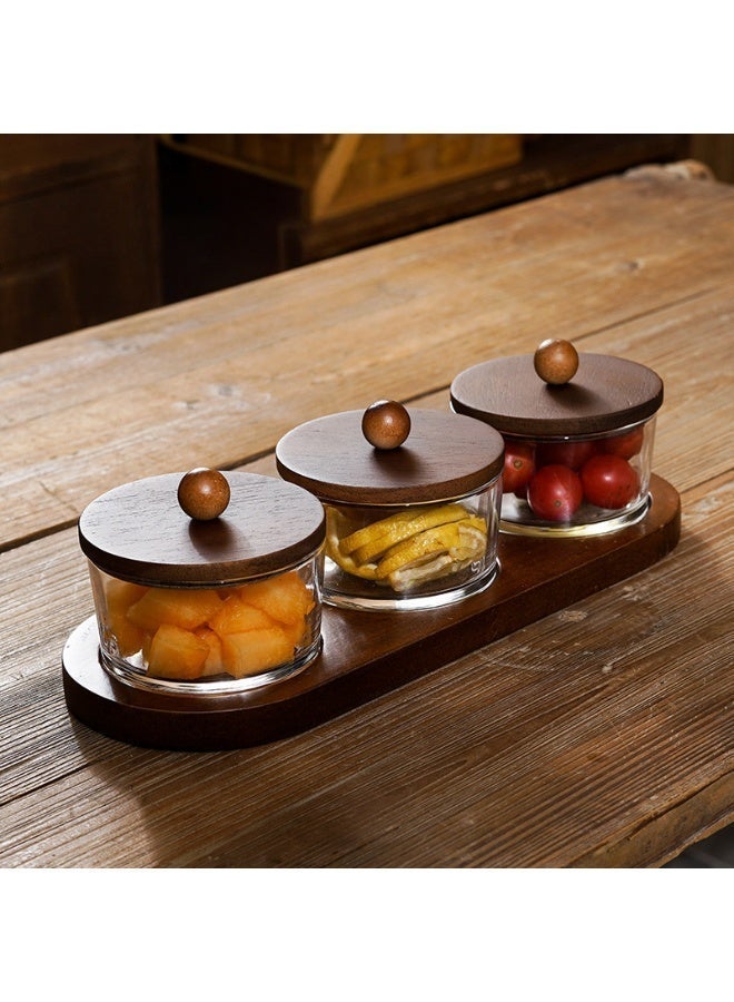 POWER 3 Compartment Snack Serving Tray with Glass Jars and Wooden Lids Nut Storage Organizer Dry Fruit Candy Snack Container Set with Wooden Base for Kitchen Table Coffee Table - Image 1